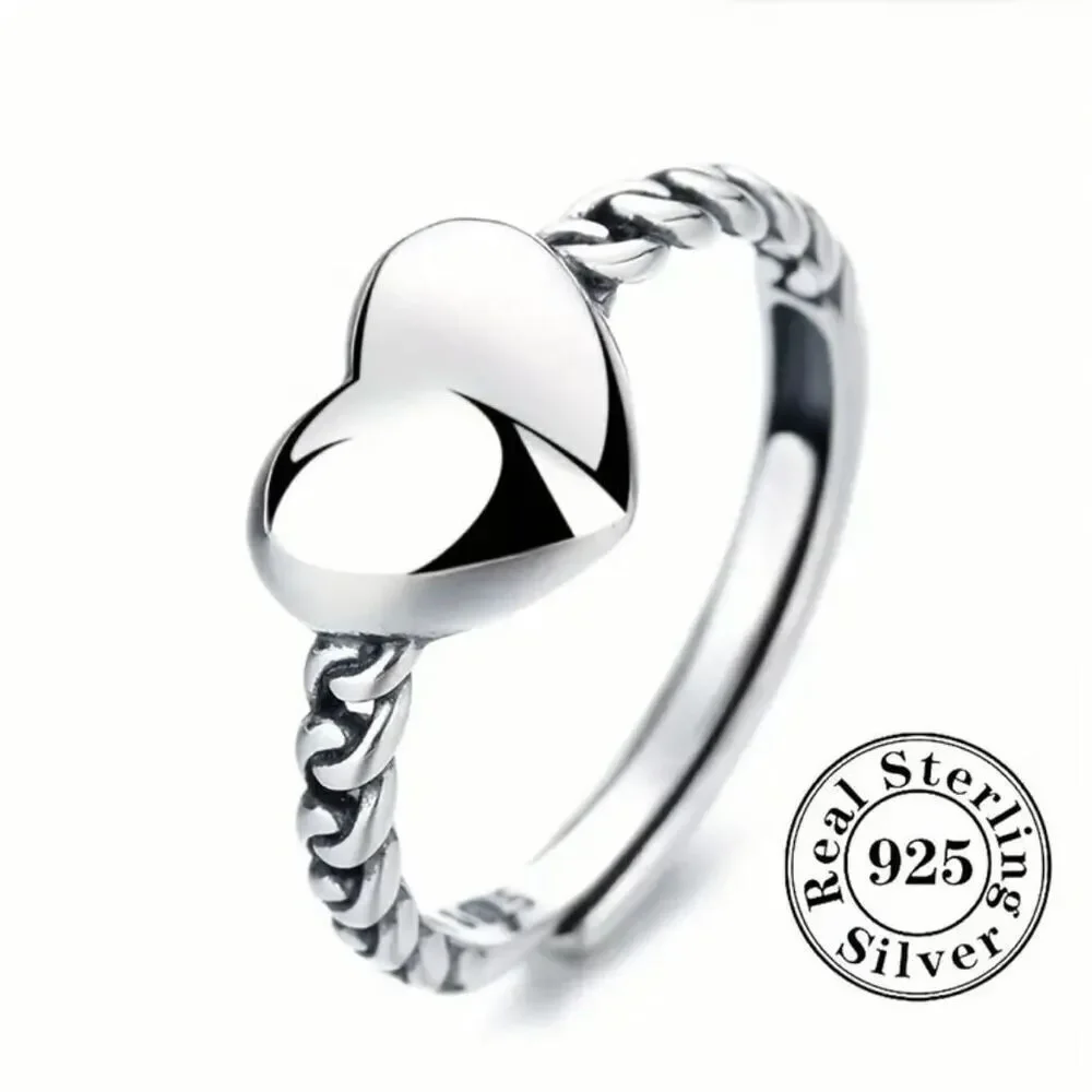 Sterling Silver Heart Ring Womens Cute Design Adjustable Swirl Band New
